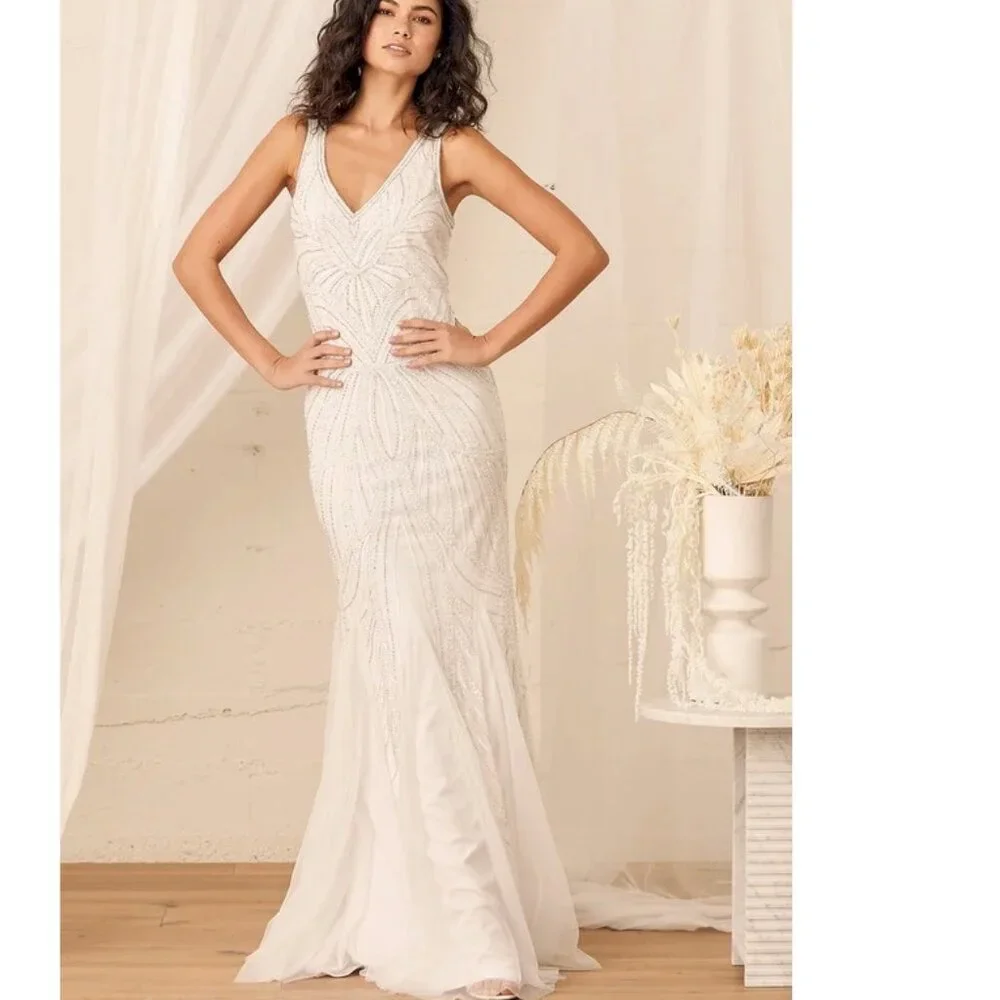 Lulu's White Beaded V-Neck Wedding Dress - Picture 1 of 10